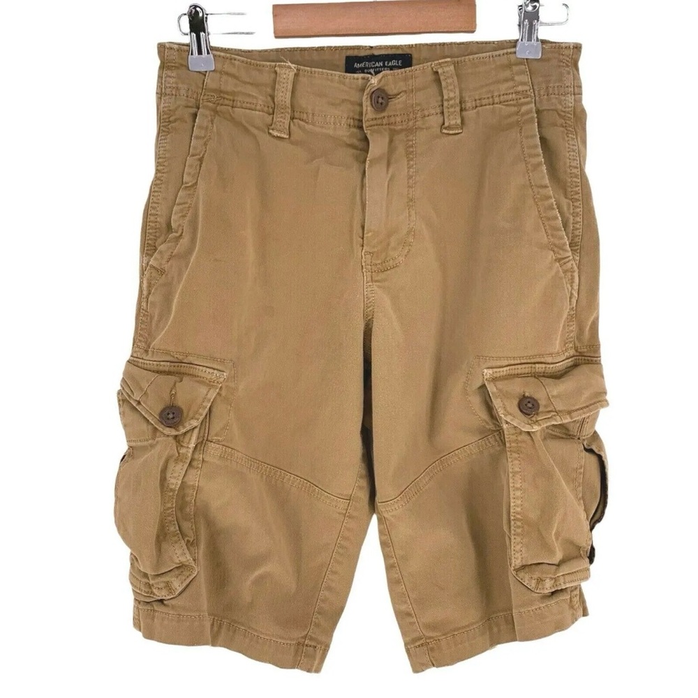 American Eagle Men's Cargo Shorts in a tan khaki  multiple utility pocket distre